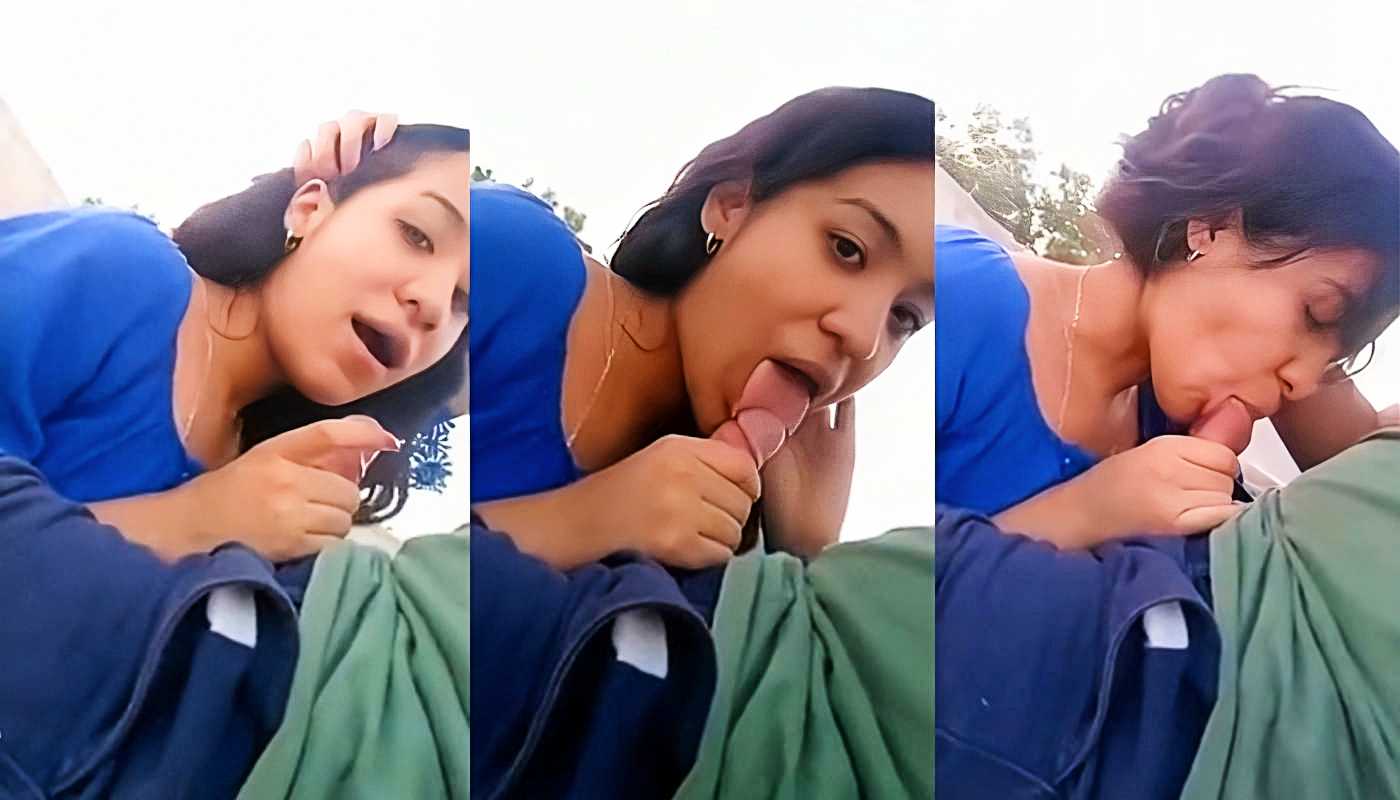 Blue Dress Desi Girlfriend Giving Blowjob to Boyfriend Outdoor