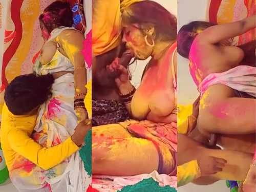 Sleeping Indian wife surprised with colors and hot sex on Holi