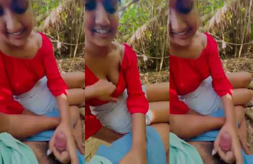 Cute Girlfriend Giving Outdoor Handjob to lover in Red Dress